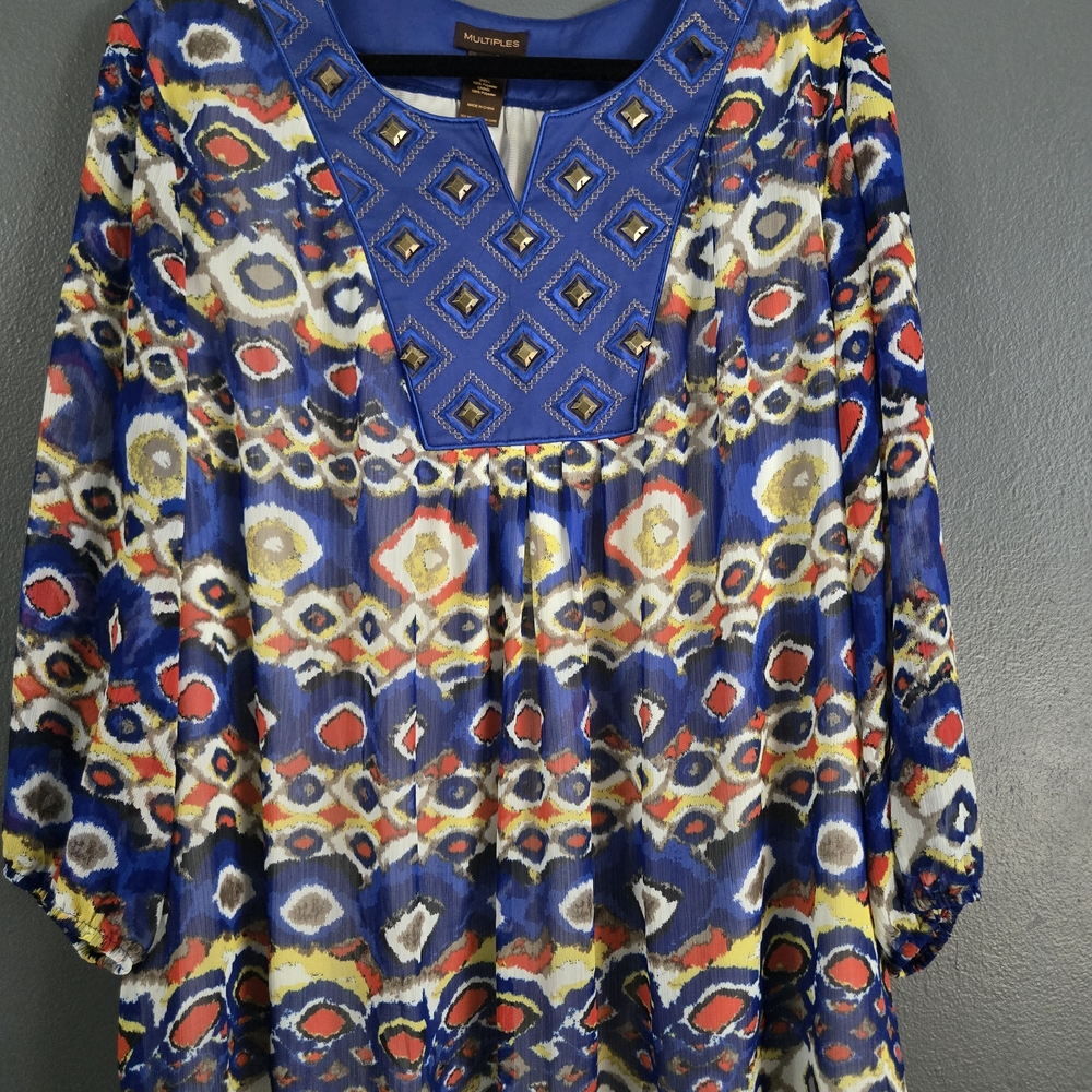 Multiples Blue and Gold Geometric Blouse 2X